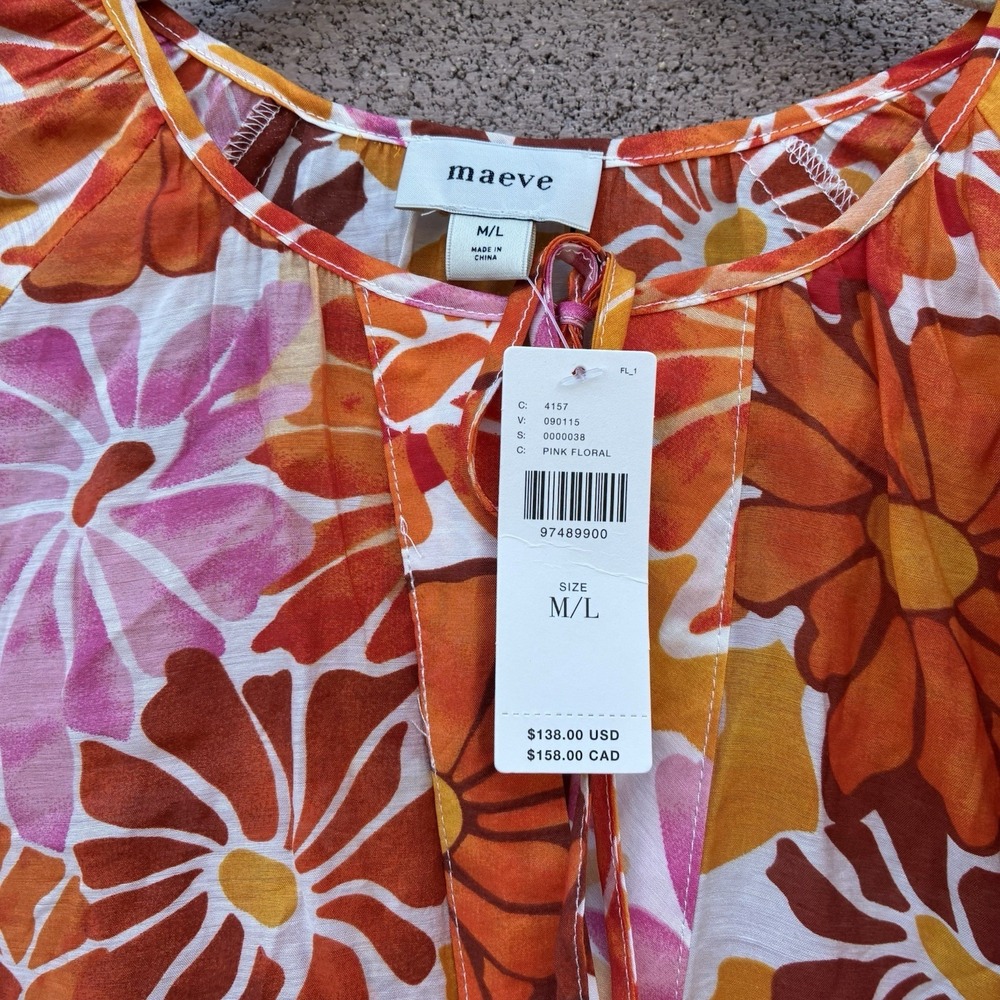 NEW Anthropologie Maeve Kaftan Mini Dress Womens M/L Orange Floral Tie-Neck Boho - Picture 8 of 9